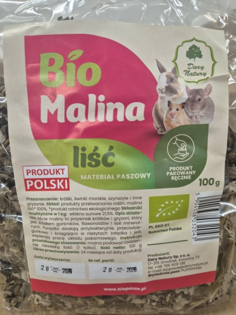 BIO MALINA LIŚĆ 100G DLA KRÓLIKÓW I GRYZONI NA TRAWIENIE