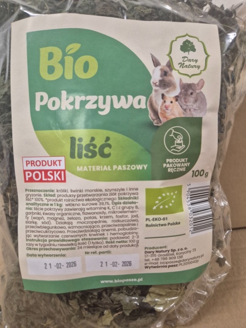 BIO POKRZYWA LIŚĆ 100G DLA KRÓLIKÓW I GRYZONI NA WITALNOŚĆ