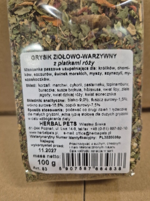 Herbal Pets Grysik Ziołowo-Warzywny z Płatkami Róży dla Królika - Naturalny Dodatek do Diety