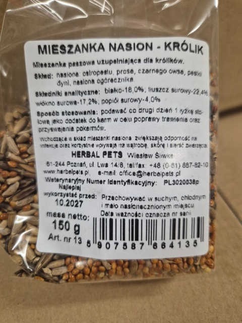 Herbal Pets Mieszanka Nasion dla Królika - Naturalna Karma Uzupełniająca