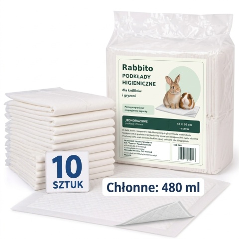 PODKŁADY HIGIENICZNE EXTRA CHŁONNE 480 ml 45× 60 cm – 10 szt. Rabbito