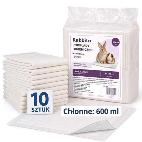 PODKŁADY HIGIENICZNE EXTRA CHŁONNE 600 ml 60 × 60 cm – 10 szt. Rabbito